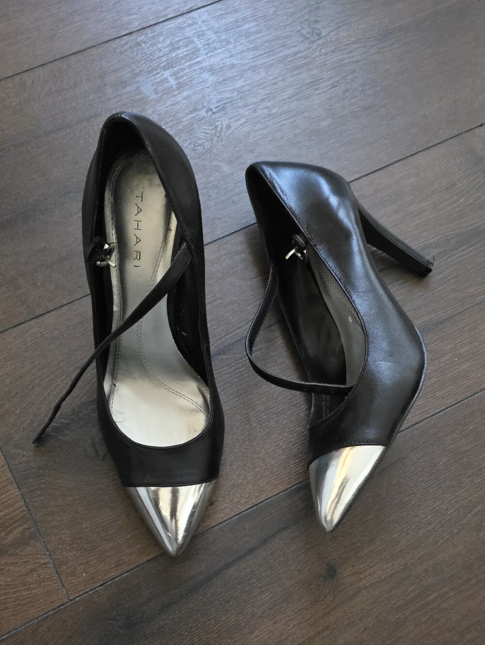 Tahari Black Leather Pointed‎ Pumps with Silver Cap Toe and Ankle Strap